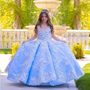 Girls butterfly blue ball gown, handmade and hand beaded couture birthday dress